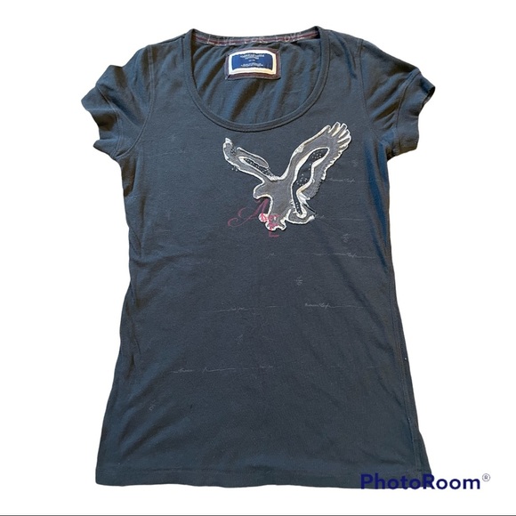 American Eagle Outfitters Tops - American Eagle Navy Blue Medium Beaded Logo Tshirt
